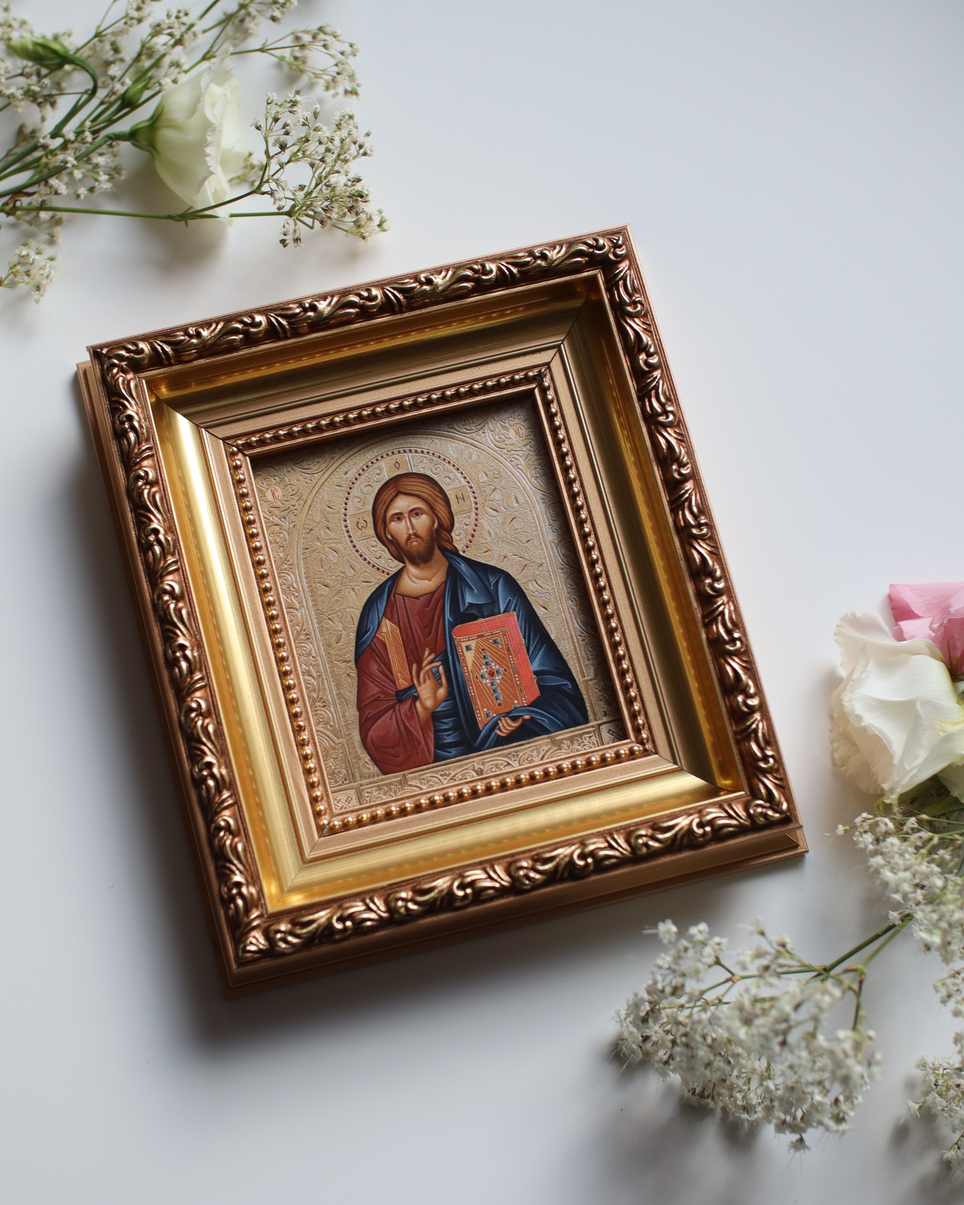Printed Icon of Christ Pantocrator in Wooden Frame