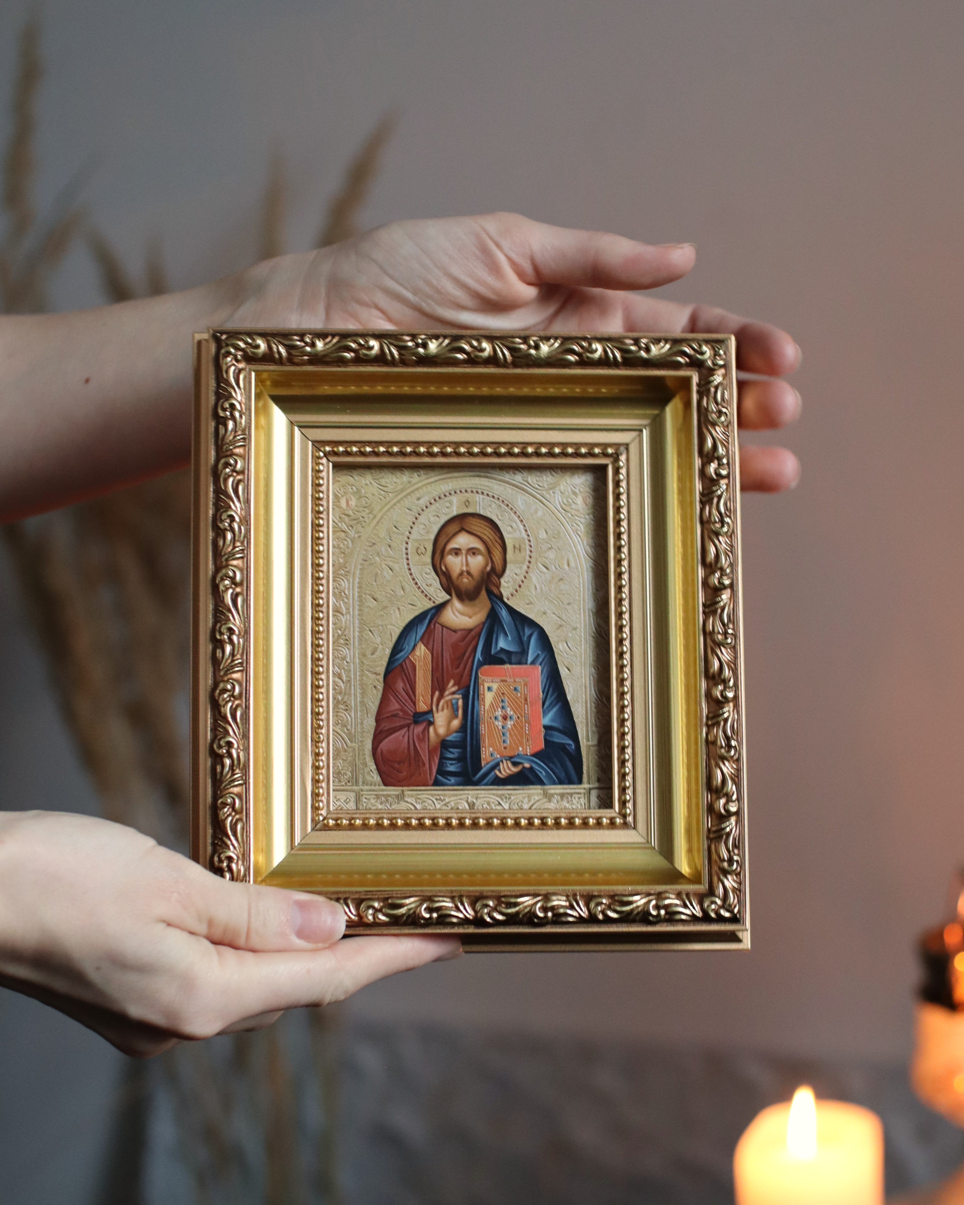 Printed Icon of Christ Pantocrator in Wooden Frame