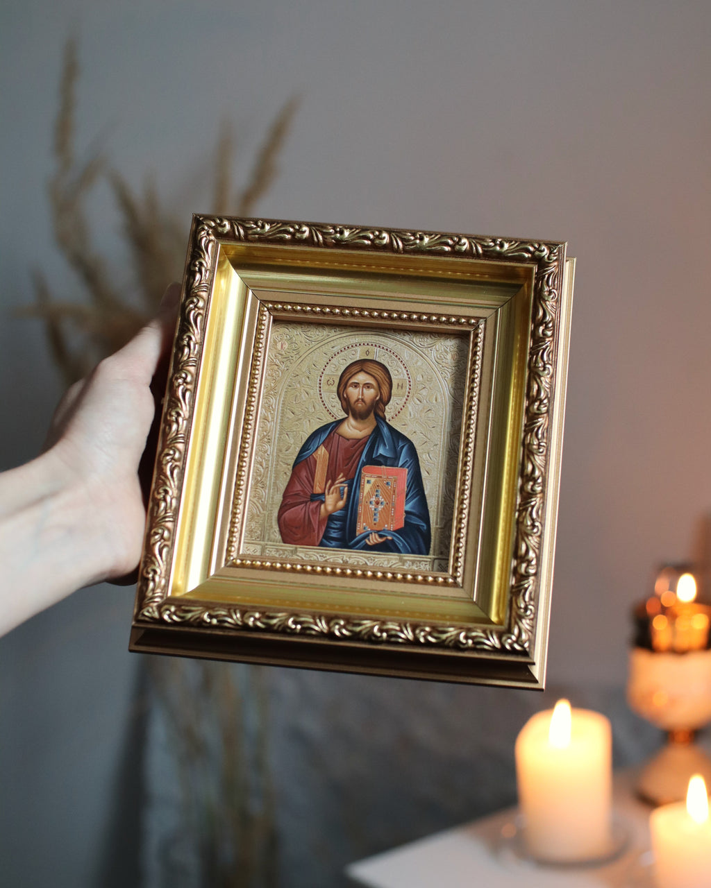 Printed Icon of Christ Pantocrator in Wooden Frame
