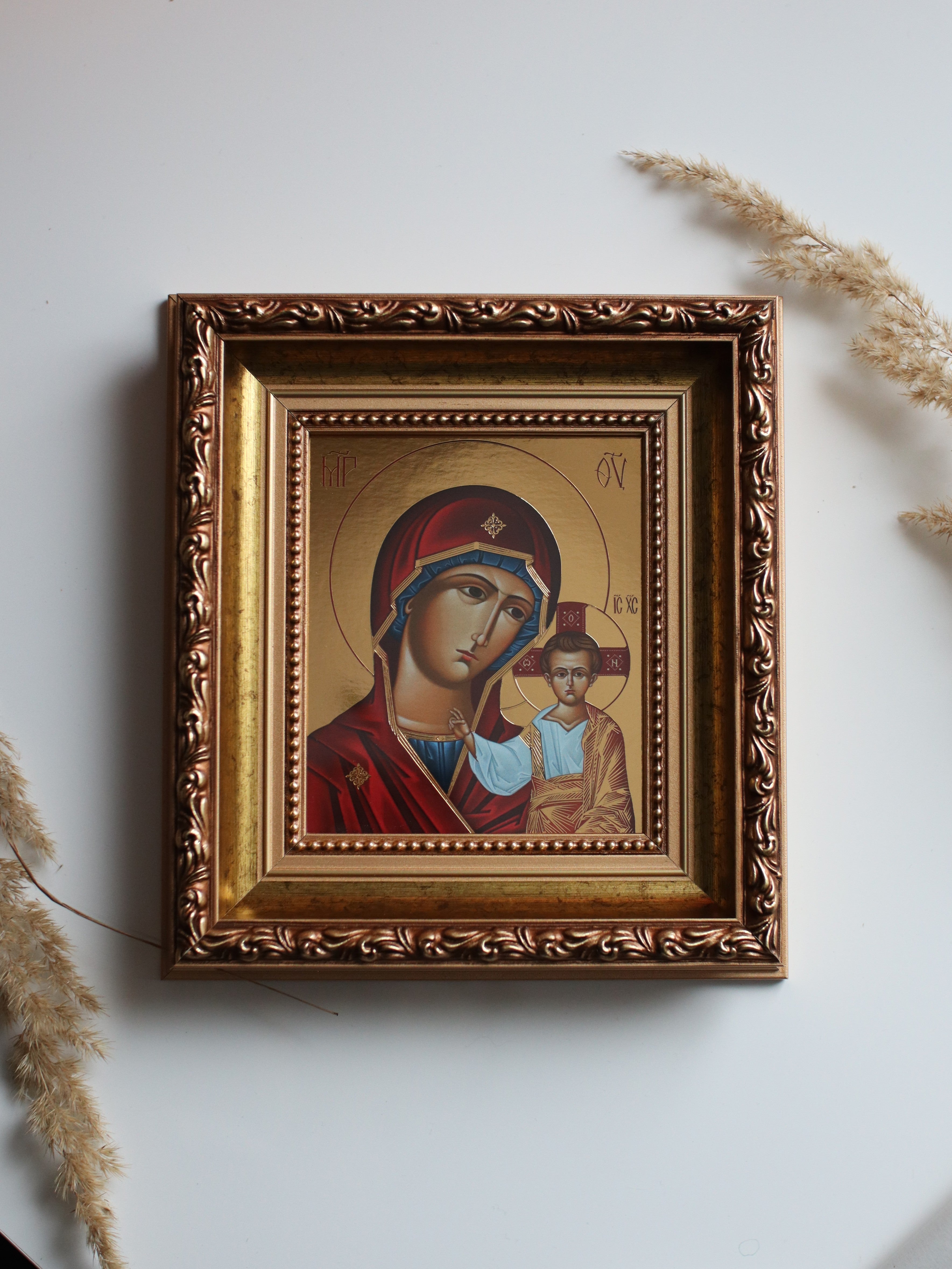 Printed Icon of the Kazan Mother of God in Wooden Frame