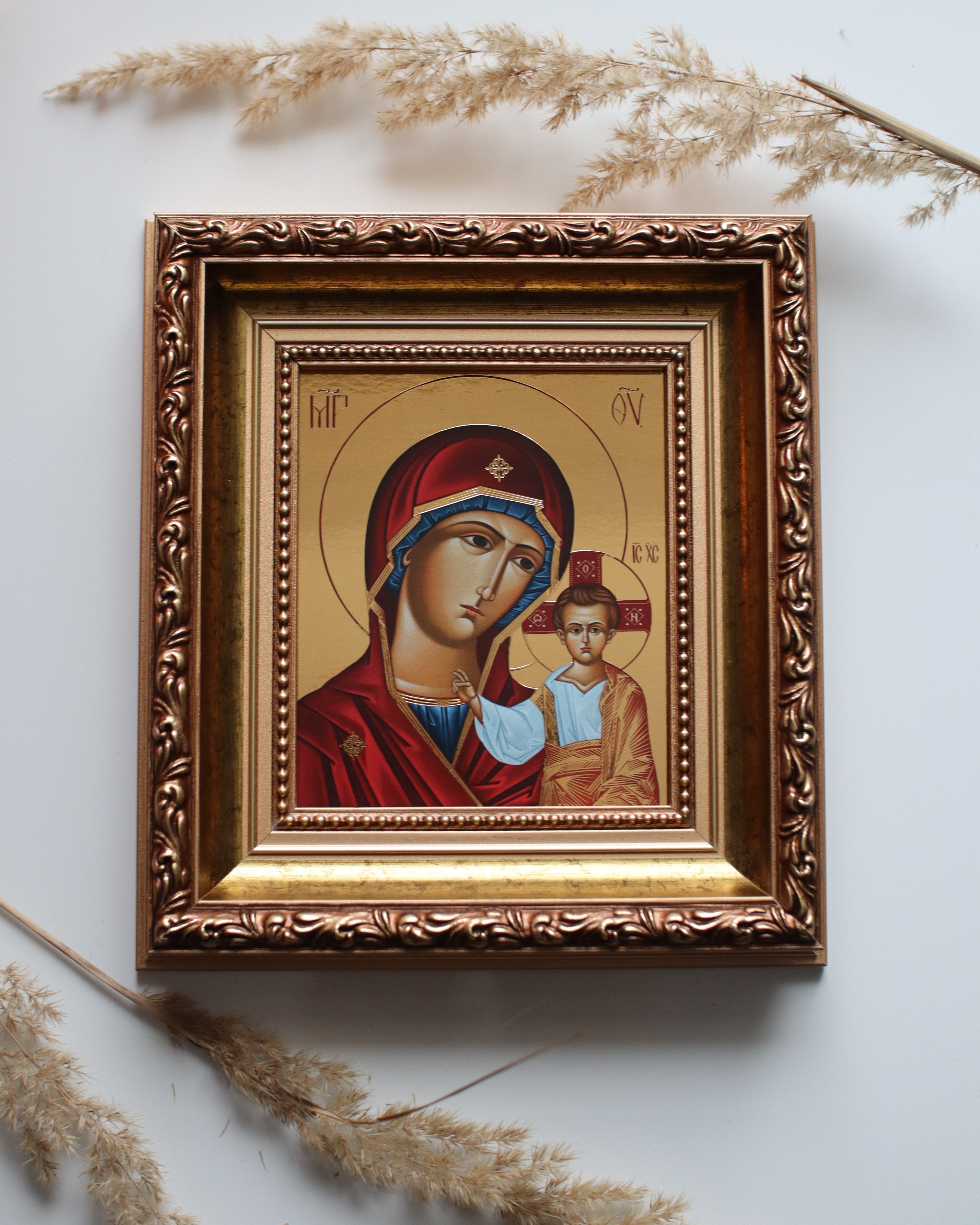 Printed Icon of the Kazan Mother of God in Wooden Frame